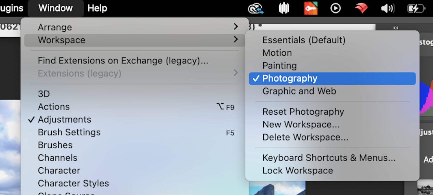 Välj arbetsyta Arbetsytan Fotografering är avsedd för vanlig bildredigering.